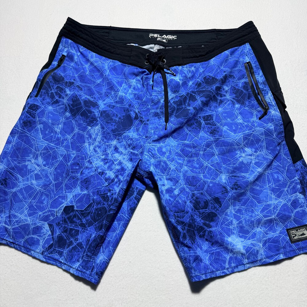 Pelagic Board Shorts Size 38  Blue Hex Pattern Swim Trunks